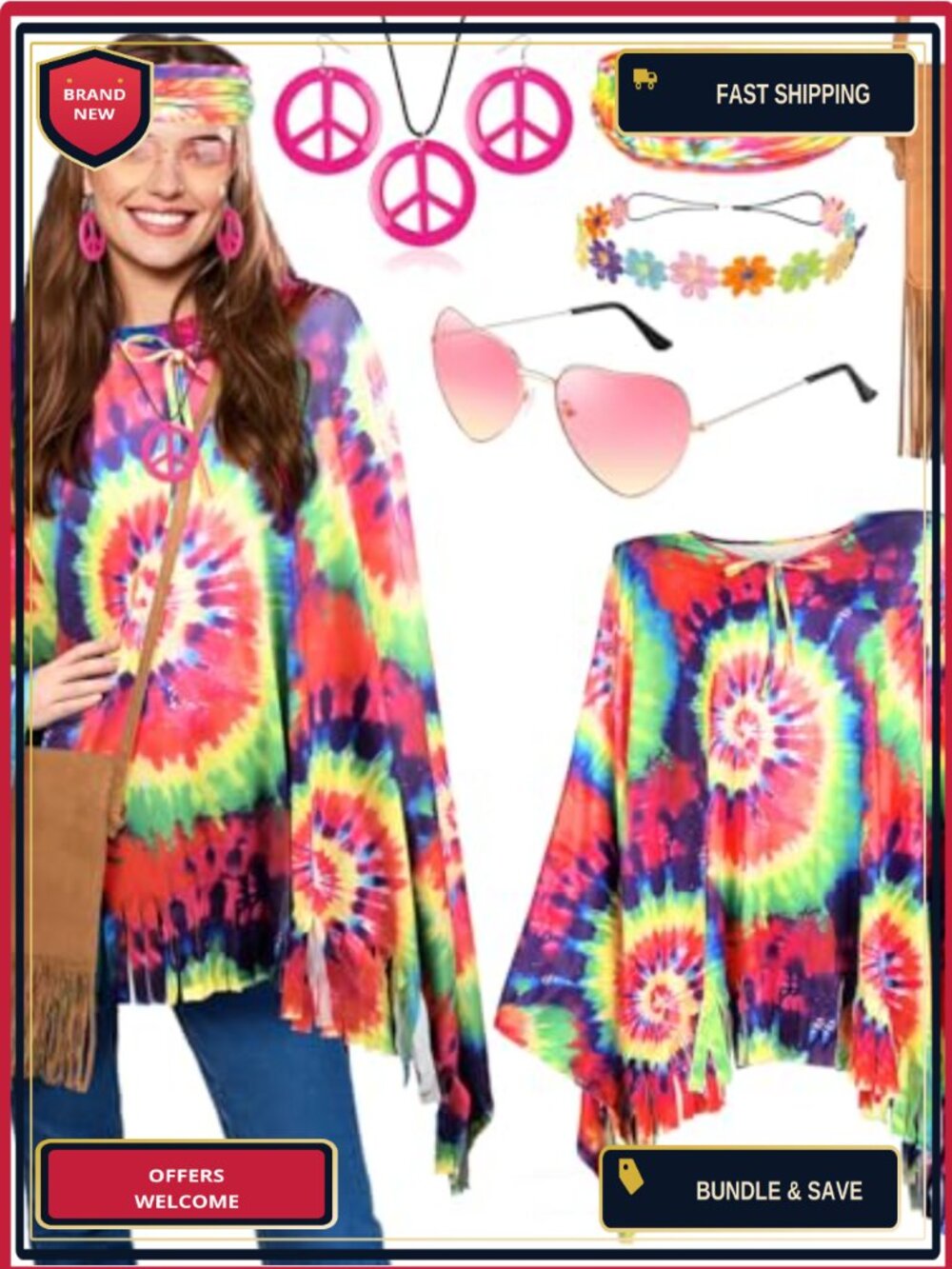 Hippie Costume Accessory Set Poncho Fringe Bag Headbands Peace Jewelry 7 Pc